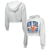 New York Mets Majestic Threads Women's Cropped Have A Field Day Tri-Blend Hoodie - White