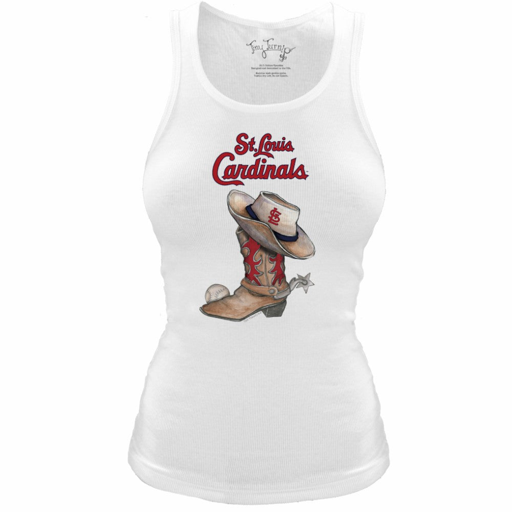 St. Louis Cardinals Tiny Turnip Women's Fitted Vintage Cowboy Boot Tri-Blend Tank Top - White