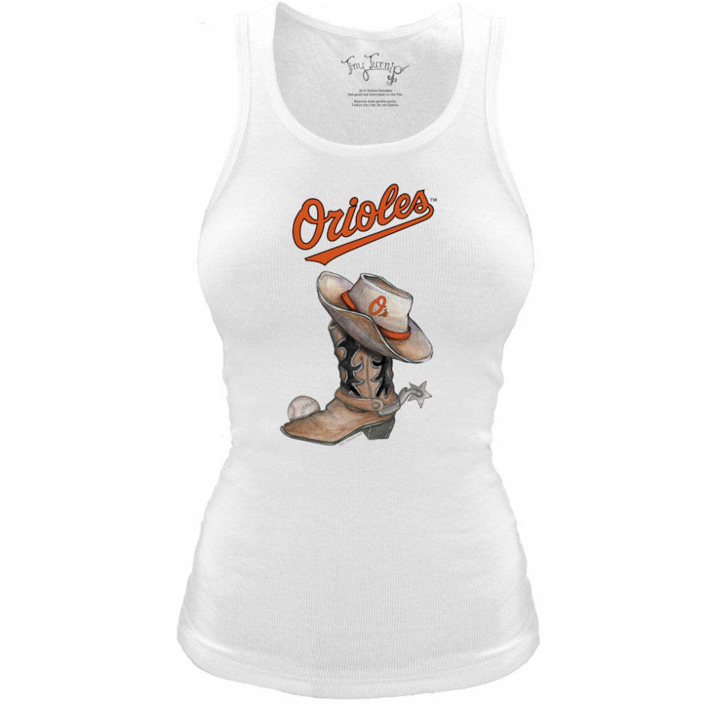 Baltimore Orioles Tiny Turnip Women's Fitted Vintage Cowboy Boot Tri-Blend Tank Top - White