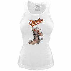 Baltimore Orioles Tiny Turnip Women's Fitted Vintage Cowboy Boot Tri-Blend Tank Top - White