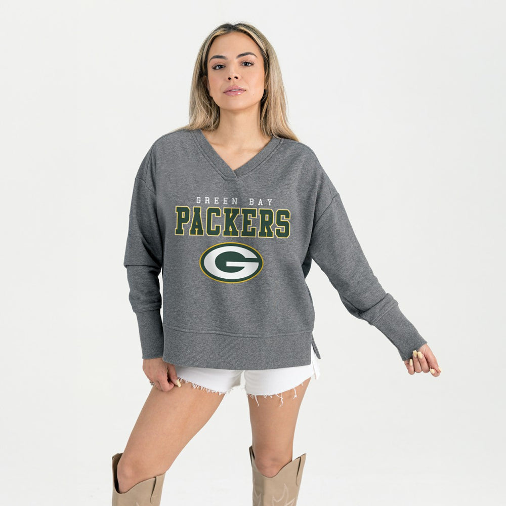 Green Bay Packers Gameday Couture Women's French Terry V-Neck Pullover Sweatshirt - Gray outlet