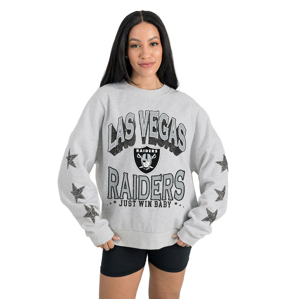 Las Vegas Raiders Gameday Couture Women's Resilience Relaxed Rhinestone Pullover Sweatshirt - Ash on sale