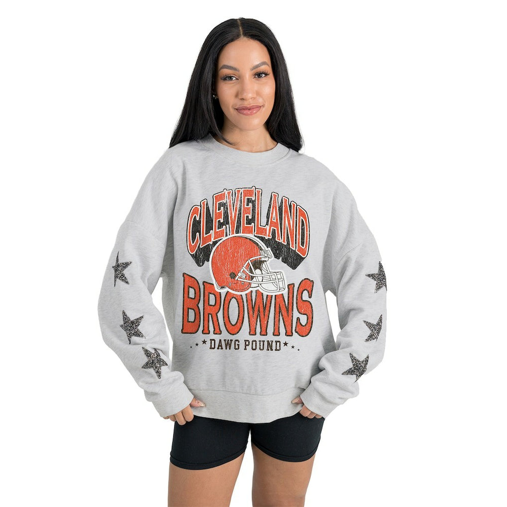 Cleveland Browns Gameday Couture Women's Resilience Relaxed Rhinestone Pullover Sweatshirt - Ash discount