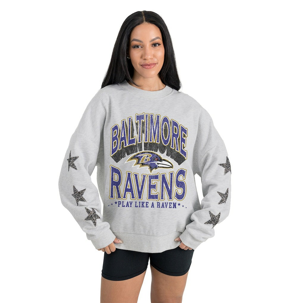 Baltimore Ravens Gameday Couture Women's Resilience Relaxed Rhinestone Pullover Sweatshirt - Ash for sale