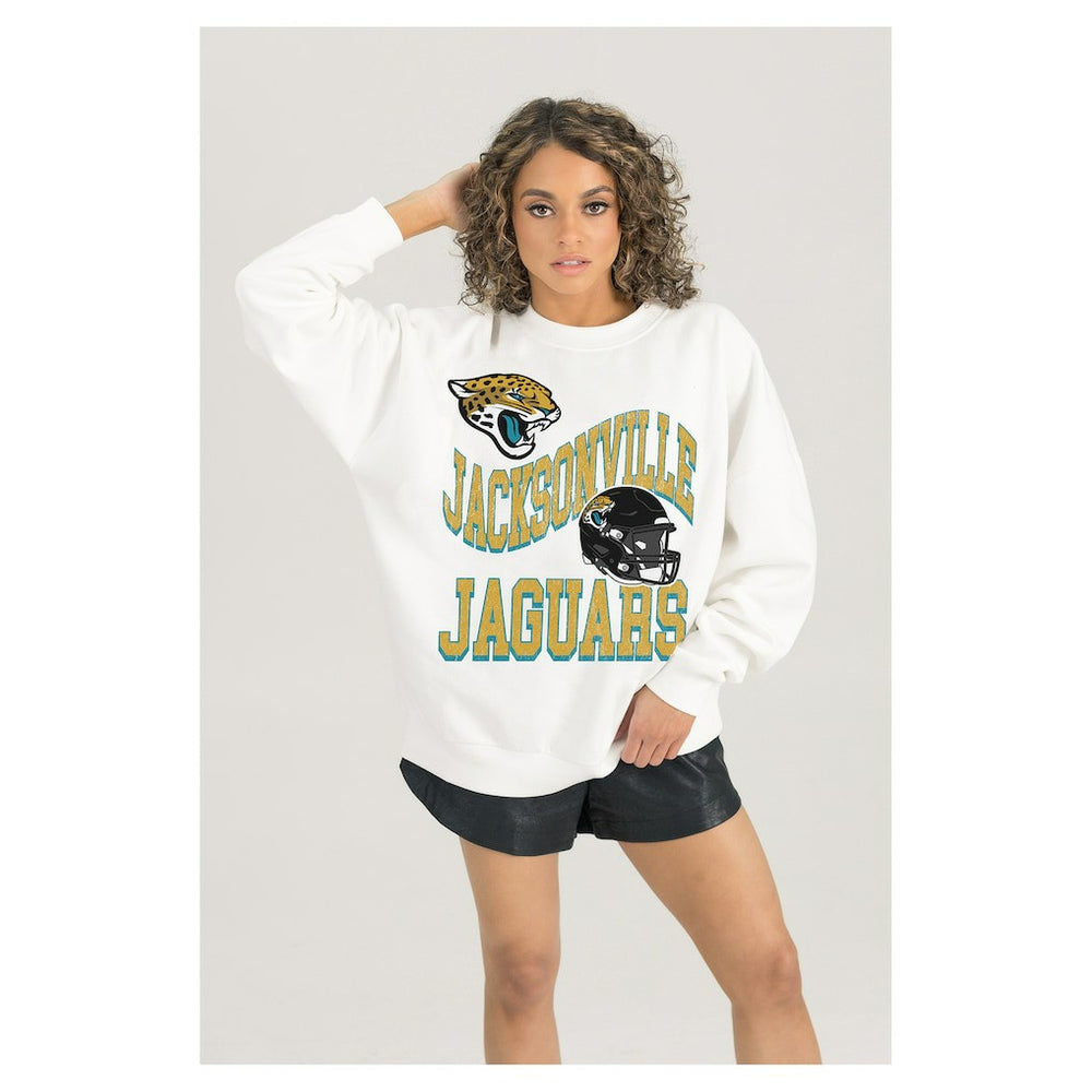 Jacksonville Jaguars Gameday Couture Women's Oversized Hard Earned Premium Fleece Pullover Sweatshirt - White sale