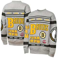 Boston Bruins Mitchell & Ness Youth Allover Print Fleece Crewneck Sweatshirt Heather Gray