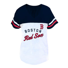 Boston Red Sox Profile Women's Plus Size Two-Stripe V-Neck T-Shirt - White/Navy