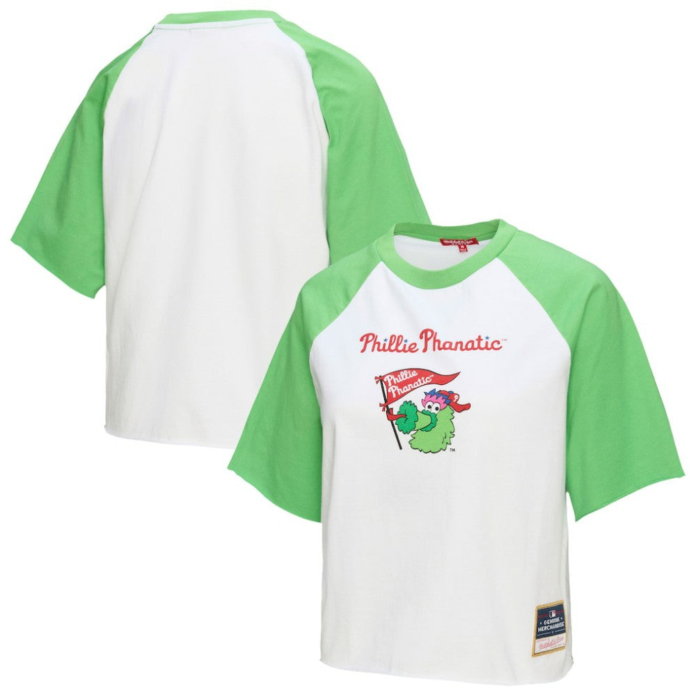 Philadelphia Phillies Women's Cropped Raglan Mascot Boxy T-Shirt - White | Mitchell & Ness