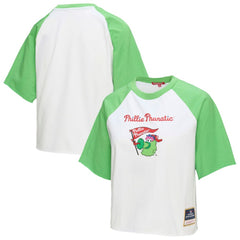 Philadelphia Phillies Women's Cropped Raglan Mascot Boxy T-Shirt - White | Mitchell & Ness