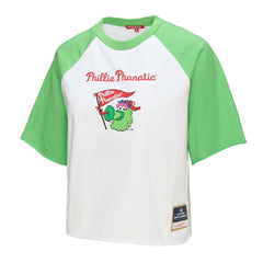 Philadelphia Phillies Women's Cropped Raglan Mascot Boxy T-Shirt - White | Mitchell & Ness