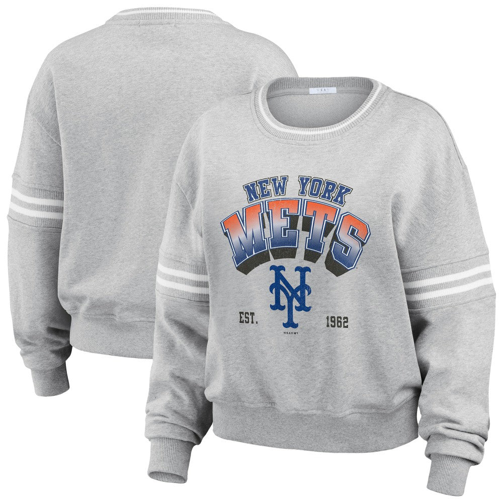 New York Mets WEAR by Erin Andrews Women's Sleeve Stripe Fleece Sweatshirt - Gray