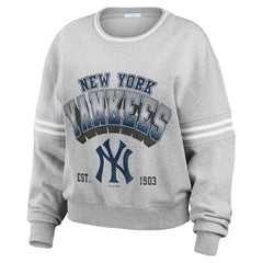 New York Yankees WEAR by Erin Andrews Women's Sleeve Stripe Fleece Crewneck Sweatshirt - Gray