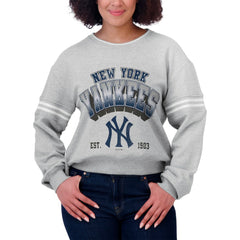 New York Yankees WEAR by Erin Andrews Women's Sleeve Stripe Fleece Crewneck Sweatshirt - Gray