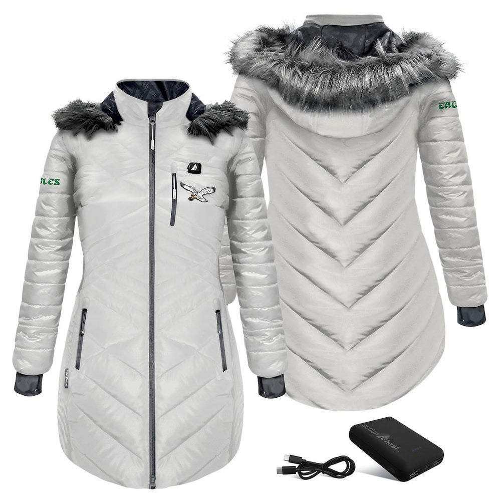 Philadelphia Eagles ActionHeat Women's 5V Battery Heated Long Puffer Full-Zip Hoodie Jacket - White discount