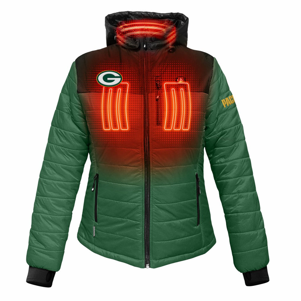 Green Bay Packers ActionHeat Women's 5V Battery Heated Insulated Puffer Full-Zip Jacket - Green/Black cheap