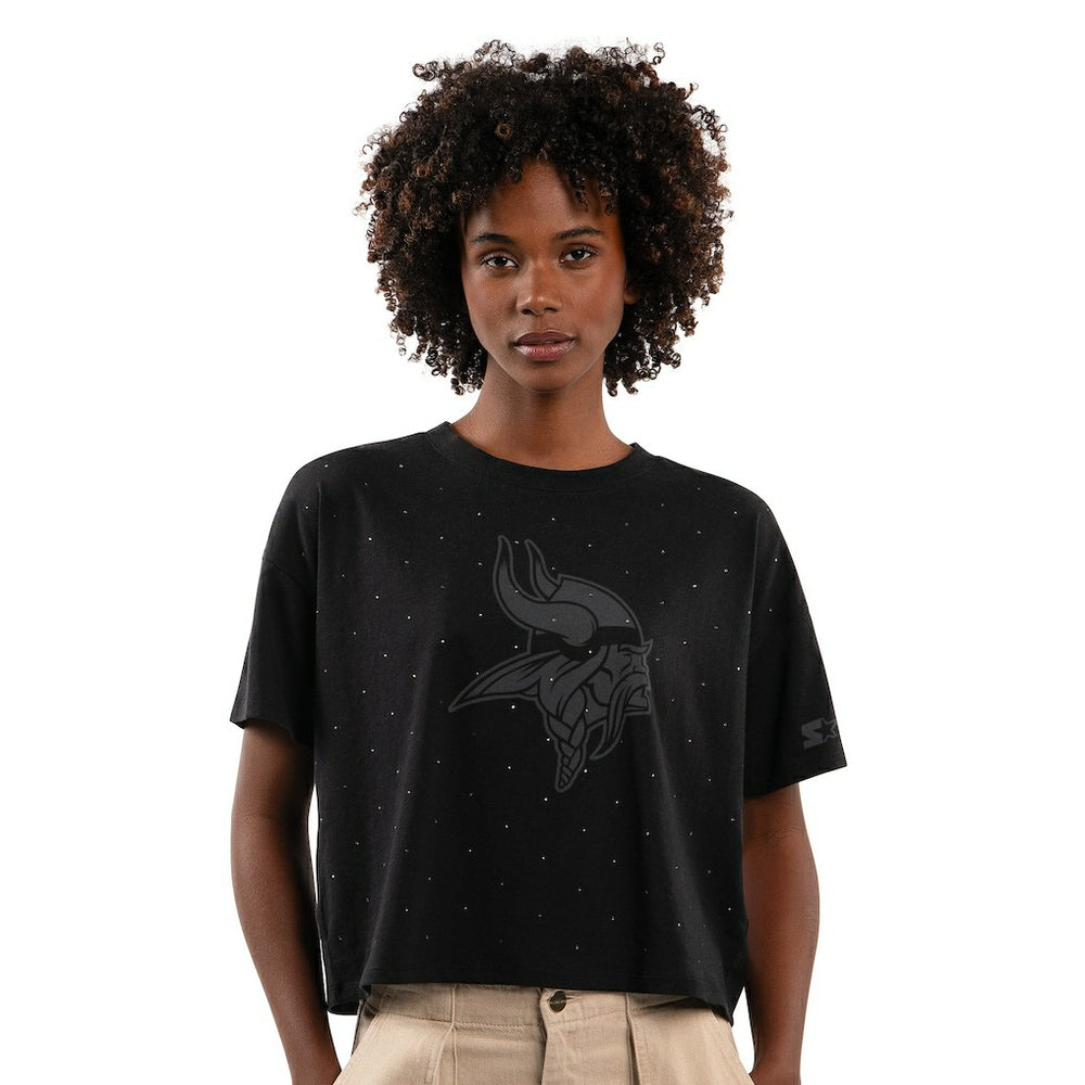 Minnesota Vikings Starter Women's Rhinestone Sprinkle Boxy Cropped T-Shirt - Black sale
