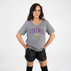 Minnesota Vikings Gameday Couture Women's Relaxed Iconic Edge Rhinestone V-Neck T-Shirt - Gray outlet