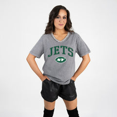 New York Jets Gameday Couture Women's Relaxed Iconic Edge Rhinestone V-Neck T-Shirt - Gray discount
