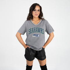 Seattle Seahawks Gameday Couture Women's Relaxed Iconic Edge Rhinestone V-Neck T-Shirt - Gray discount