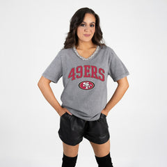 San Francisco 49ers Gameday Couture Women's Relaxed Iconic Edge Rhinestone V-Neck T-Shirt - Gray discount