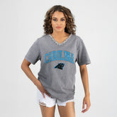 Carolina Panthers Gameday Couture Women's Relaxed Iconic Edge Rhinestone V-Neck T-Shirt - Gray for sale