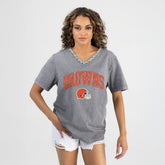 Cleveland Browns Gameday Couture Women's Relaxed Iconic Edge Rhinestone V-Neck T-Shirt - Gray on sale