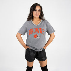 Cleveland Browns Gameday Couture Women's Relaxed Iconic Edge Rhinestone V-Neck T-Shirt - Gray on sale
