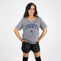 Dallas Cowboys Gameday Couture Women's Relaxed Iconic Edge Rhinestone V-Neck T-Shirt - Gray on sale