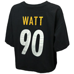 T.J. Watt Pittsburgh Steelers Majestic Threads Women's Swarovski Crystals Boxy Cropped Name & Number T-Shirt - Black for sale