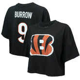 Joe Burrow Cincinnati Bengals Majestic Threads Women's Swarovski Crystals Boxy Cropped Name & Number T-Shirt - Black on sale