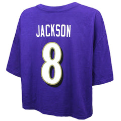 Lamar Jackson Baltimore Ravens Majestic Threads Women's Swarovski Crystals Boxy Cropped Name & Number T-Shirt - Purple cheap