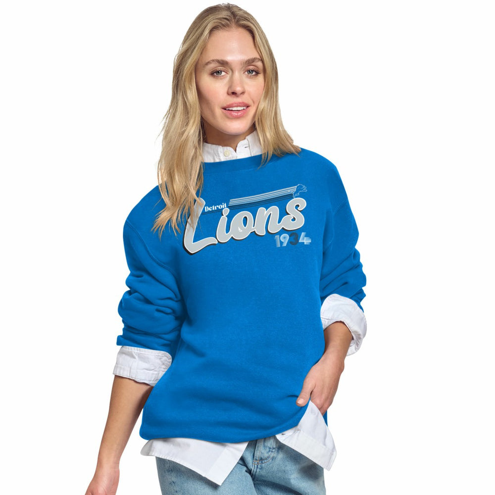 Detroit Lions Starter Women's Groovy Script Fleece Crewneck Sweatshirt - Blue for sale