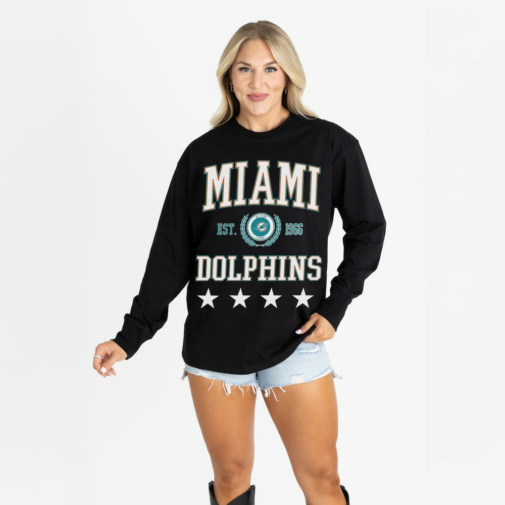 Miami Dolphins Gameday Couture Women's Oversized Everyday Star Long Sleeve T-Shirt - Black cheap