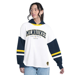 Milwaukee Brewers G-III 4Her by Carl Banks Women's Key Player Oversized Hooded Long Sleeve T-Shirt - White/Navy