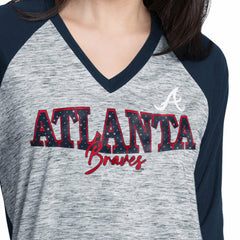 Atlanta Braves G-III 4Her by Carl Banks Women's Speed Training 3/4-Sleeve Rhinestone V-Neck T-Shirt - Navy/Heather Navy