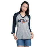 Detroit Tigers G-III 4Her by Carl Banks Women's Speed Training 3/4-Sleeve Rhinestone V-Neck T-Shirt - Navy/Heather Navy