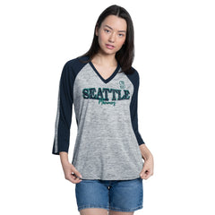 Seattle Mariners G-III 4Her by Carl Banks Women's Speed Training 3/4-Sleeve Rhinestone V-Neck T-Shirt - Navy/Heather Navy