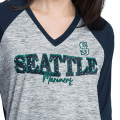 Seattle Mariners G-III 4Her by Carl Banks Women's Speed Training 3/4-Sleeve Rhinestone V-Neck T-Shirt - Navy/Heather Navy