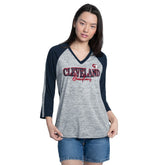 Cleveland Guardians G-III 4Her by Carl Banks Women's Speed Training 3/4-Sleeve Rhinestone V-Neck T-Shirt - Navy/Heather Navy