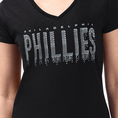 Philadelphia Phillies G-III 4Her by Carl Banks Women's Metallic Drop Lightweight V-Neck T-Shirt - Black