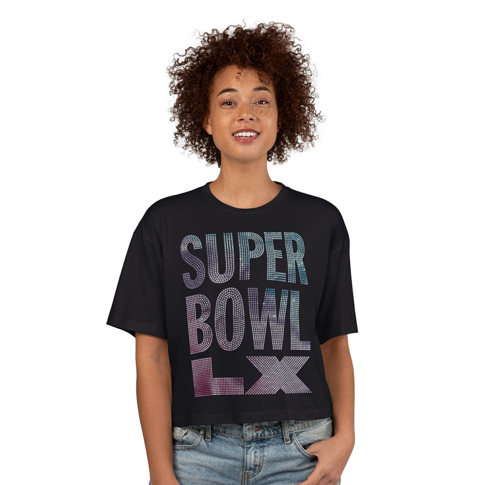 Super Bowl LX G-III 4Her by Carl Banks Women's Play Ball Oversized Rhinestone Cropped T-Shirt - Black sale