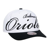 Baltimore Orioles Unisex XL Script Pro Crown Snapback Hat - White/Black | Mitchell & Ness