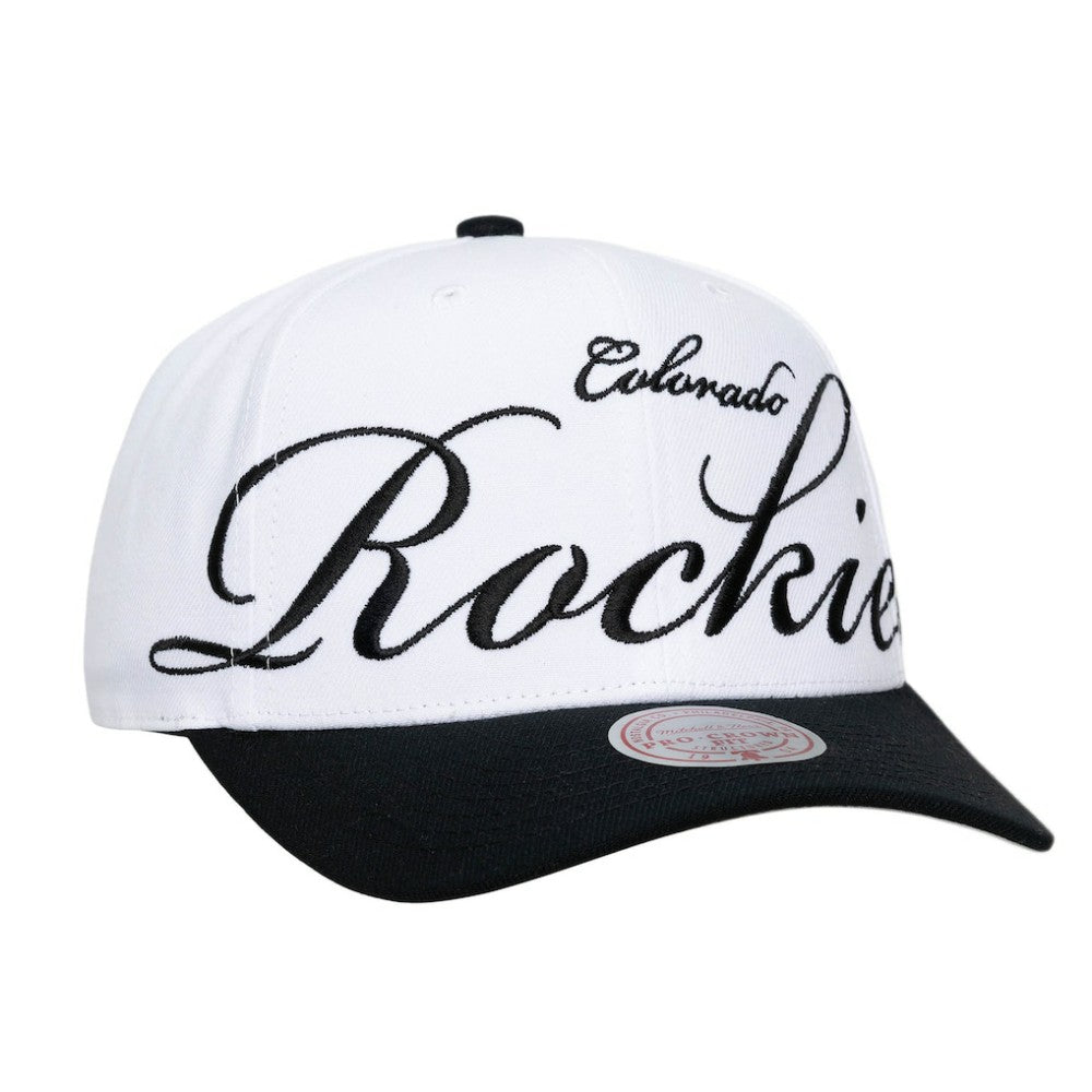 Colorado Rockies Unisex XL Script Pro Crown Snapback Hat - White/Black | Mitchell & Ness