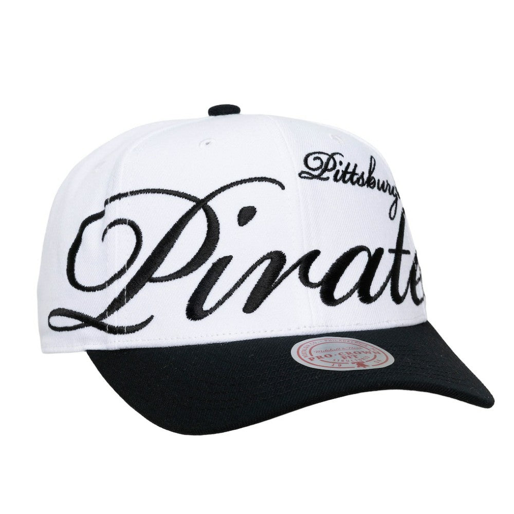Pittsburgh Pirates Unisex XL Script Pro Crown Adjustable Hat - White/Black | Mitchell & Ness