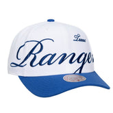 Texas Rangers Unisex XL Script Pro Crown Adjustable Hat - White/Royal | Mitchell & Ness