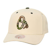 Baltimore Orioles Unisex Camo Logo Pro Crown Snapback Hat - Cream | Mitchell & Ness