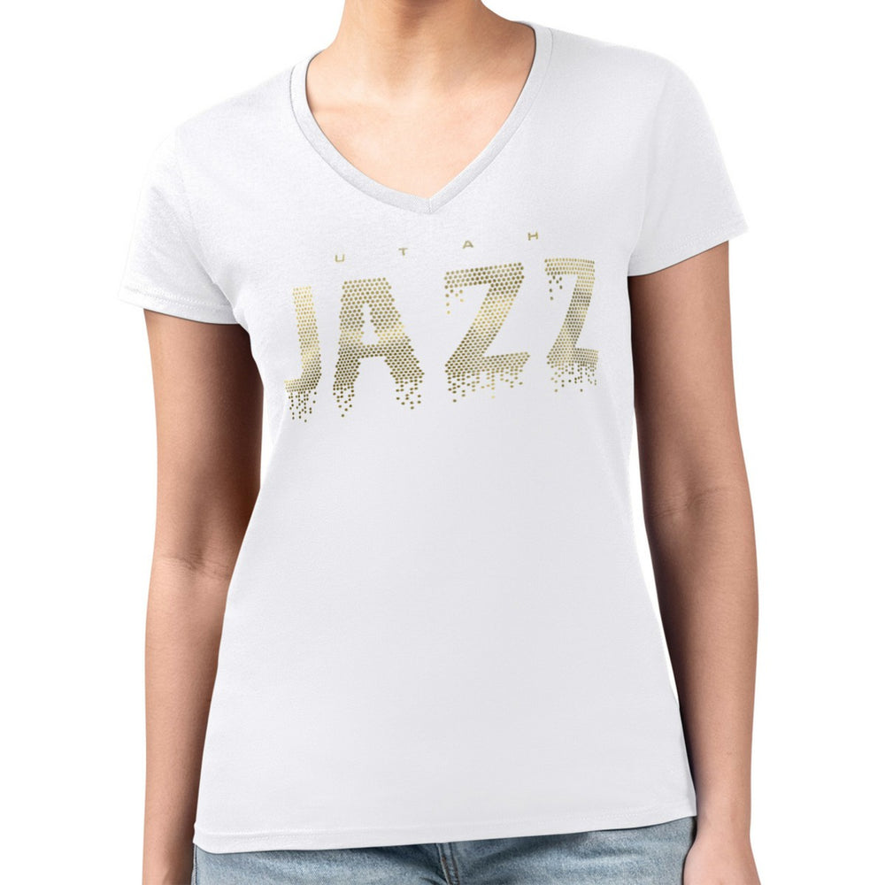 Utah Jazz G-III 4Her by Carl Banks Women's Super-Slim-Fit Metallic Drop Lightweight V-Neck T-Shirt - White on sale