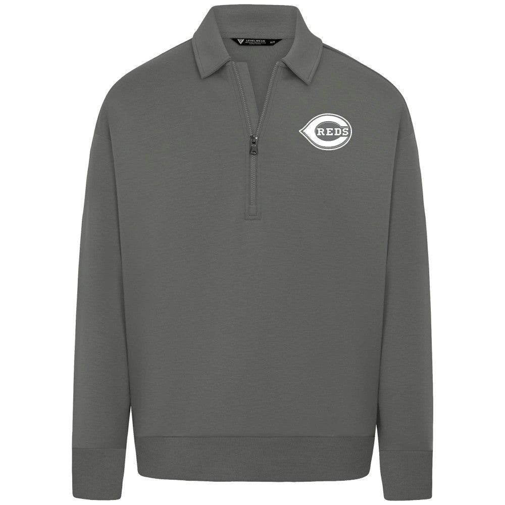 Cincinnati Reds Levelwear Luxe Signature Quarter-Zip Chenille Logo Tri-Blend Sweatshirt - Gray