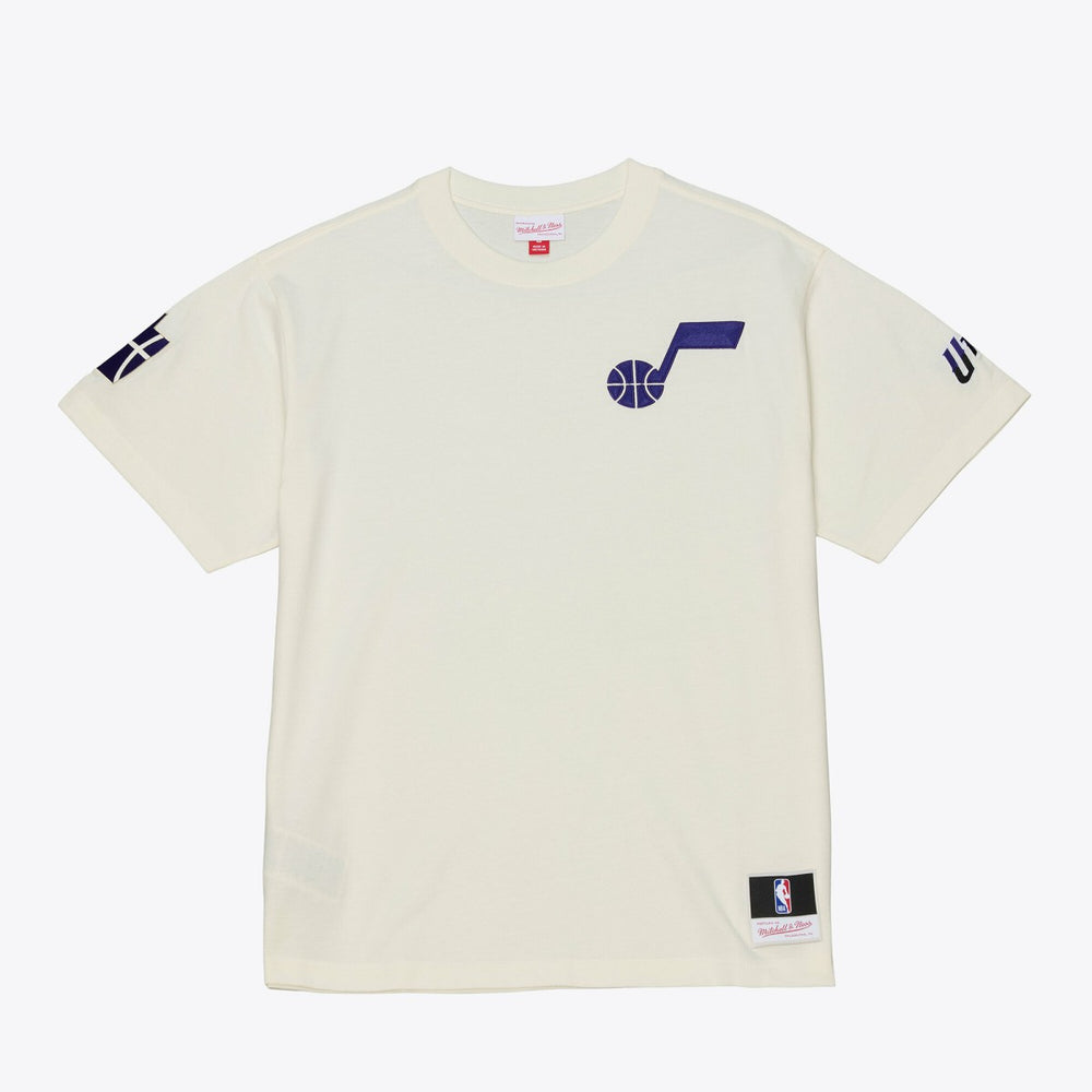 Utah Jazz Hardwood Classics Chainstitch Premium T-Shirt - Cream | Mitchell & Ness online
