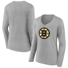 Boston Bruins Women's Primary Logo Long Sleeve V-Neck T-Shirt Gray